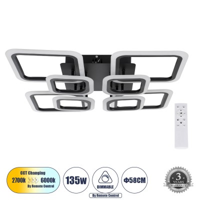 GLOBOSTAR® ROYAL-S 61325 Μοντέρνο Φωτιστικό Οροφής LED 135W 16200lm 360° AC 220-240V IP20 Ρυθμιζόμενο Λευκό CCT με Χειριστήριο από 2700K έως 6000K Dimmable - Lumileds SMD Chip - Μαύρο Ματ - Μ58.5 x Π58.5 x Υ12cm - 3 Χρόνια Εγγύηση