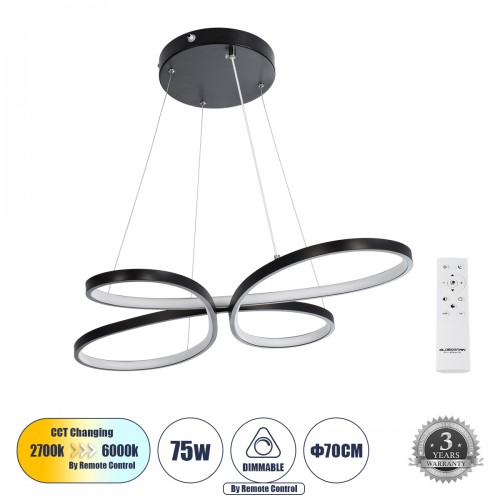 GloboStar® BUTTERFLY 61391 Κρεμαστό Φωτιστικό Οροφής Design LED CCT 75W 8400lm 300° AC 220-240V - Εναλλαγή Φωτισμού μέσω Τηλεχειριστηρίου All In One Ψυχρό 6000k+Φυσικό 4500k+Θερμό 2700k Dimmable Μ71 x Π52 x Υ4cm - Μαύρο - 3 Years Warranty Διακόσμηση - Φως