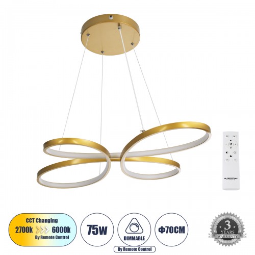 GloboStar® BUTTERFLY 61393 Κρεμαστό Φωτιστικό Οροφής Design LED CCT 75W 8400lm 300° AC 220-240V - Εναλλαγή Φωτισμού μέσω Τηλεχειριστηρίου All In One Ψυχρό 6000k+Φυσικό 4500k+Θερμό 2700k Dimmable Μ71 x Π52 x Υ4cm - Χρυσό Βούρτσας - 3 Years Warranty Διακόσμ