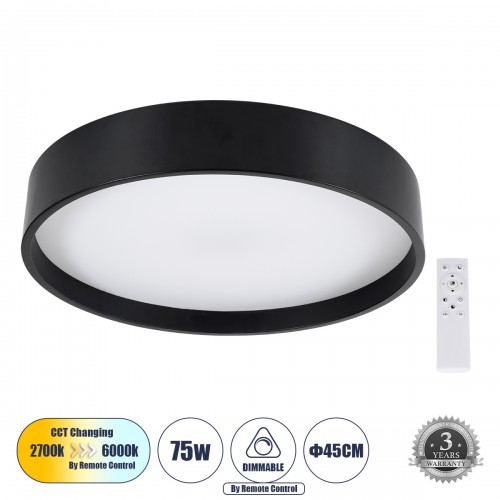 GloboStar® NARNIA 61257 Πλαφονιέρα Οροφής LED CCT 75W 8625lm 120° AC 220-240V - Εναλλαγή Φωτισμού μέσω Τηλεχειριστηρίου All In One Ψυχρό 6000k+Φυσικό 4500k+Θερμό 2700k Dimmable Φ45 x Υ8cm - Μαύρο - 3 Years Warranty Διακόσμηση - Φως - Χαλιά