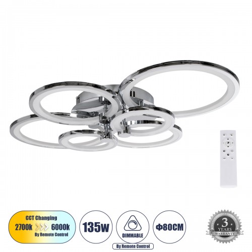 GloboStar® ROYAL-R 61324 Φωτιστικό Οροφής Design LED CCT 135W 16200lm 360° AC 220-240V - Εναλλαγή Φωτισμού μέσω Τηλεχειριστηρίου All In One Ψυχρό 6000k+Φυσικό 4500k+Θερμό 2700k Dimmable Μ80.5 x Π59 x Υ12cm - Νίκελ Χρώμιο - 3 Years Warranty Διακόσμηση - Φω