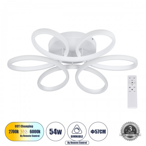 GloboStar® MARGARET 61401 Φωτιστικό Οροφής Design LED CCT 54W 6210lm 360° AC 220-240V - Εναλλαγή Φωτισμού μέσω Τηλεχειριστηρίου All In One Ψυχρό 6000k+Φυσικό 4500k+Θερμό 2700k Dimmable Φ57 x Υ12cm - Λευκό - 3 Years Warranty Διακόσμηση - Φως - Χαλιά