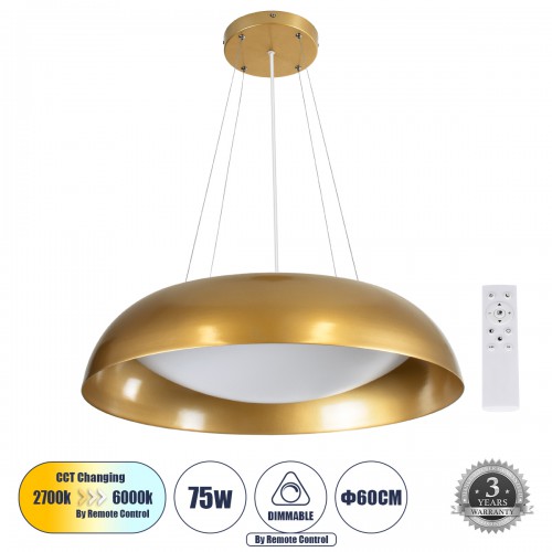 GloboStar® ANATOLIA 61270 Κρεμαστή Πλαφονιέρα Οροφής LED CCT 75W 8625lm 120° AC 220-240V - Εναλλαγή Φωτισμού μέσω Τηλεχειριστηρίου All In One Ψυχρό 6000k+Φυσικό 4500k+Θερμό 2700k Dimmable Φ60cm - Χρυσό - 3 Years Warranty Διακόσμηση - Φως - Χαλιά
