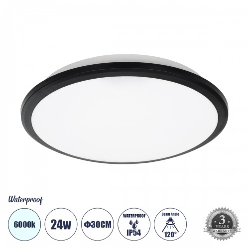 GloboStar® TUFFIN 60996 Πλαφονιέρα Οροφής LED 24W 2760lm 120° AC 220-240V Αδιάβροχη IP54 Φ30 x Υ6.5cm Ψυχρό Λευκό 6000K - Μαύρο - Bridgelux Chips - 3 Years Warranty Διακόσμηση - Φως - Χαλιά