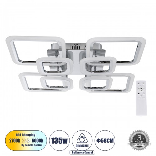 GloboStar® ROYAL-S 61326 Φωτιστικό Οροφής Design LED CCT 135W 16200lm 360° AC 220-240V - Εναλλαγή Φωτισμού μέσω Τηλεχειριστηρίου All In One Ψυχρό 6000k+Φυσικό 4500k+Θερμό 2700k Dimmable Μ58.5 x Π58.5 x Υ12cm - Νίκελ Χρώμιο - 3 Years Warranty Διακόσμηση - 