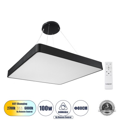 GLOBOSTAR® KAMALA 61210-P Μοντέρνο Κρεμαστό Φωτιστικό Οροφής LED 100W 10000lm 120° AC 220-240V IP20 Ρυθμιζόμενο Λευκό CCT με Χειριστήριο από 2700K έως 6000K Dimmable - Lumileds SMD Chip - Μαύρο Ματ - Μ80 x Π80 x Υ8cm - 3 Χρόνια Εγγύηση GLOBOSTAR® KAMALA 61210-P Μοντέρνο Κρεμαστό Φωτιστικό Οροφής LED 100W 10000lm 120° AC 220-240V IP20 Ρυθμιζόμενο Λευκό CCT με Χειριστήριο από 2700K έως 6000K Dimmable - Lumileds SMD Chip - Μαύρο Ματ - Μ80 x Π80 x Υ8cm - 3 Χρόνια Εγγύηση