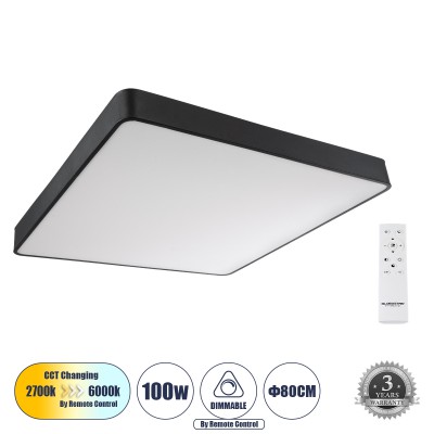 GLOBOSTAR® KAMALA 61210-S Μοντέρνο Φωτιστικό Οροφής LED 100W 10000lm 120° AC 220-240V IP20 Ρυθμιζόμενο Λευκό CCT με Χειριστήριο από 2700K έως 6000K Dimmable - Lumileds SMD Chip - Μαύρο Ματ - Μ80 x Π80 x Υ8cm - 3 Χρόνια Εγγύηση GLOBOSTAR® KAMALA 61210-S Μοντέρνο Φωτιστικό Οροφής LED 100W 10000lm 120° AC 220-240V IP20 Ρυθμιζόμενο Λευκό CCT με Χειριστήριο από 2700K έως 6000K Dimmable - Lumileds SMD Chip - Μαύρο Ματ - Μ80 x Π80 x Υ8cm - 3 Χρόνια Εγγύηση