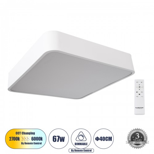 GloboStar® KAMALA 61207-S Πλαφονιέρα Οροφής LED CCT 67W 7370lm 120° AC 220-240V - Εναλλαγή Φωτισμού μέσω Τηλεχειριστηρίου All In One Ψυχρό 6000k+Φυσικό 4500k+Θερμό 2700k Dimmable Μ40 x Π40 x Υ8cm - Λευκό - 3 Years Warranty Διακόσμηση - Φως - Χαλιά