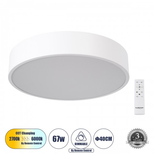GloboStar® BURTON 61201-S Πλαφονιέρα Οροφής LED CCT 67W 7370lm 120° AC 220-240V - Εναλλαγή Φωτισμού μέσω Τηλεχειριστηρίου All In One Ψυχρό 6000k+Φυσικό 4500k+Θερμό 2700k Dimmable Φ40cm - Λευκό - 3 Years Warranty Διακόσμηση - Φως - Χαλιά
