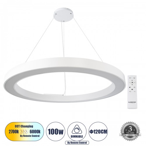 GLOBOSTAR® RA 61199 Μοντέρνο Κρεμαστό Φωτιστικό Οροφής LED 100W 11020lm 120° AC 220-240V IP20 Ρυθμιζόμενο Λευκό CCT με Χειριστήριο από 2700K έως 6000K Dimmable - Lumileds SMD Chip - Λευκό Ματ - Μ120 x Π120 x Υ8cm - 3 Χρόνια Εγγύηση GLOBOSTAR® RA 61199 Μοντέρνο Κρεμαστό Φωτιστικό Οροφής LED 100W 11020lm 120° AC 220-240V IP20 Ρυθμιζόμενο Λευκό CCT με Χειριστήριο από 2700K έως 6000K Dimmable - Lumileds SMD Chip - Λευκό Ματ - Μ120 x Π120 x Υ8cm - 3 Χρόνια Εγγύηση