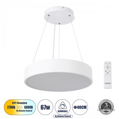 GloboStar® BURTON 61201-P Κρεμαστή Πλαφονιέρα Οροφής LED CCT 67W 7370lm 120° AC 220-240V - Εναλλαγή Φωτισμού μέσω Τηλεχειριστηρίου All In One Ψυχρό 6000k+Φυσικό 4500k+Θερμό 2700k Dimmable Φ40cm - Λευκό - 3 Years Warranty Διακόσμηση - Φως - Χαλιά