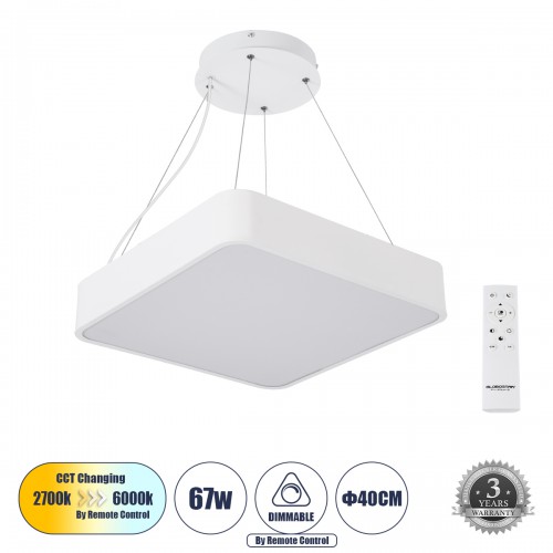 GloboStar® KAMALA 61207-P Κρεμαστή Πλαφονιέρα Οροφής LED CCT 67W 7370lm 120° AC 220-240V - Εναλλαγή Φωτισμού μέσω Τηλεχειριστηρίου All In One Ψυχρό 6000k+Φυσικό 4500k+Θερμό 2700k Dimmable Μ40 x Π40 x Υ8cm - Λευκό - 3 Years Warranty Διακόσμηση - Φως - Χαλι