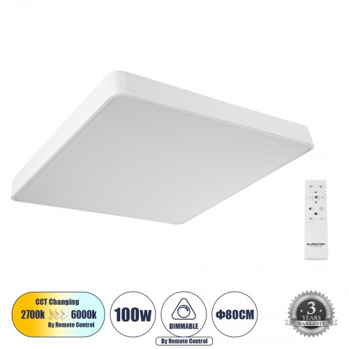 GloboStar® KAMALA 61211-S Πλαφονιέρα Οροφής LED CCT 100W 11020lm 120° AC 220-240V - Εναλλαγή Φωτισμού μέσω Τηλεχειριστηρίου All In One Ψυχρό 6000k+Φυσικό 4500k+Θερμό 2700k Dimmable Μ80 x Π80 x Υ8cm - Λευκό - 3 Years Warranty Διακόσμηση - Φως - Χαλιά