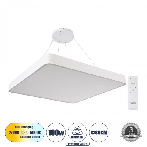 GloboStar® KAMALA 61211-P Κρεμαστή Πλαφονιέρα Οροφής LED CCT 100W 11020lm 120° AC 220-240V - Εναλλαγή Φωτισμού μέσω Τηλεχειριστηρίου All In One Ψυχρό 6000k+Φυσικό 4500k+Θερμό 2700k Dimmable Μ80 x Π80 x Υ8cm - Λευκό - 3 Years Warranty Διακόσμηση - Φως - Χα
