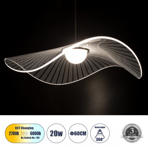 GloboStar® ACRYLICA 60975 Κρεμαστό Φωτιστικό Οροφής Design LED CCT 20W 2240lm 360° AC 220-240V - Εναλλαγή Φωτισμού μέσω Διακόπτη On/Off All In One Ψυχρό 6000k+Φυσικό 4500k+Θερμό 2700k Φ60cm - Μαύρο με Διάφανο Laser Designed Plexiglass - 3 Years Warranty Δ