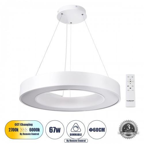 GLOBOSTAR® RA 61195 Μοντέρνο Κρεμαστό Φωτιστικό Οροφής LED 67W 7370lm 120° AC 220-240V IP20 Ρυθμιζόμενο Λευκό CCT με Χειριστήριο από 2700K έως 6000K Dimmable - Lumileds SMD Chip - Λευκό Ματ - Μ60 x Π80 x Υ8cm - 3 Χρόνια Εγγύηση GLOBOSTAR® RA 61195 Μοντέρνο Κρεμαστό Φωτιστικό Οροφής LED 67W 7370lm 120° AC 220-240V IP20 Ρυθμιζόμενο Λευκό CCT με Χειριστήριο από 2700K έως 6000K Dimmable - Lumileds SMD Chip - Λευκό Ματ - Μ60 x Π80 x Υ8cm - 3 Χρόνια Εγγύηση