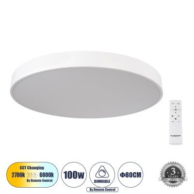 GLOBOSTAR® BURTON 61205-S Μοντέρνο Φωτιστικό Οροφής LED 100W 10000lm 120° AC 220-240V IP20 Ρυθμιζόμενο Λευκό CCT με Χειριστήριο από 2700K έως 6000K Dimmable - Lumileds SMD Chip - Λευκό Ματ - Μ80 x Π80 x Υ8cm - 3 Χρόνια Εγγύηση GLOBOSTAR® BURTON 61205-S Μοντέρνο Φωτιστικό Οροφής LED 100W 10000lm 120° AC 220-240V IP20 Ρυθμιζόμενο Λευκό CCT με Χειριστήριο από 2700K έως 6000K Dimmable - Lumileds SMD Chip - Λευκό Ματ - Μ80 x Π80 x Υ8cm - 3 Χρόνια Εγγύηση
