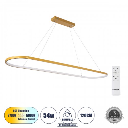 GloboStar® BOLIVAR 61274 Κρεμαστό Φωτιστικό Οροφής Design LED CCT 54W 6210lm 300° AC 220-240V - Εναλλαγή Φωτισμού μέσω Τηλεχειριστηρίου All In One Ψυχρό 6000k+Φυσικό 4500k+Θερμό 2700k Dimmable Μ120 x Π30 x Υ2cm - Χρυσό Βούρτσας - 3 Years Warranty Διακόσμη