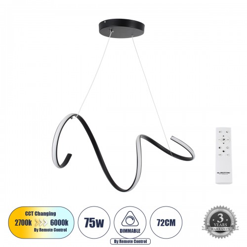 GLOBOSTAR® SPIRALE 61283 Μοντέρνο Κρεμαστό Φωτιστικό Οροφής LED 75W 8400lm 300° AC 220-240V IP20 Ρυθμιζόμενο Λευκό CCT με Χειριστήριο από 2700K έως 6000K Dimmable - Lumileds SMD Chip - Μαύρο Ματ - Μ72 x Π25 x Υ30cm - 3 Χρόνια Εγγύηση Διακόσμηση - Φως - Χα
