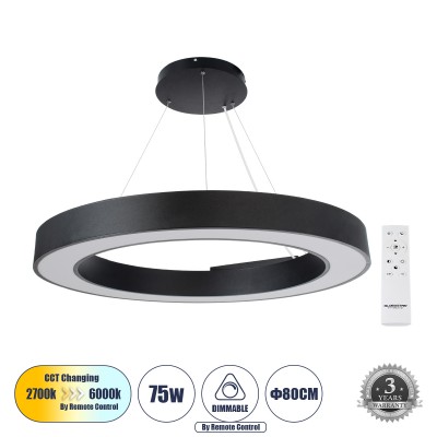 GLOBOSTAR® RA 61196 Μοντέρνο Κρεμαστό Φωτιστικό Οροφής LED 75W 8250lm 120° AC 220-240V IP20 Ρυθμιζόμενο Λευκό CCT με Χειριστήριο από 2700K έως 6000K Dimmable - Lumileds SMD Chip - Μαύρο Ματ - Μ80 x Π80 x Υ8cm - 3 Χρόνια Εγγύηση GLOBOSTAR® RA 61196 Μοντέρνο Κρεμαστό Φωτιστικό Οροφής LED 75W 8250lm 120° AC 220-240V IP20 Ρυθμιζόμενο Λευκό CCT με Χειριστήριο από 2700K έως 6000K Dimmable - Lumileds SMD Chip - Μαύρο Ματ - Μ80 x Π80 x Υ8cm - 3 Χρόνια Εγγύηση