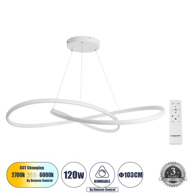 GLOBOSTAR® DEXTER 60918 Μοντέρνο Κρεμαστό Φωτιστικό Οροφής LED 120W 13440lm 300° AC 220-240V IP20 Ρυθμιζόμενο Λευκό CCT με Χειριστήριο από 2700K έως 6000K Dimmable - Lumileds SMD Chip - Λευκό Ματ - Μ103 x Π103 x Υ22cm - 3 Χρόνια Εγγύηση
