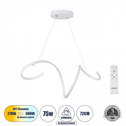 GLOBOSTAR® SPIRALE 61284 Μοντέρνο Κρεμαστό Φωτιστικό Οροφής LED 75W 8400lm 300° AC 220-240V IP20 Ρυθμιζόμενο Λευκό CCT με Χειριστήριο από 2700K έως 6000K Dimmable - Lumileds SMD Chip - Λευκό Ματ - Μ72 x Π25 x Υ30cm - 3 Χρόνια Εγγύηση Διακόσμηση - Φως - Χα