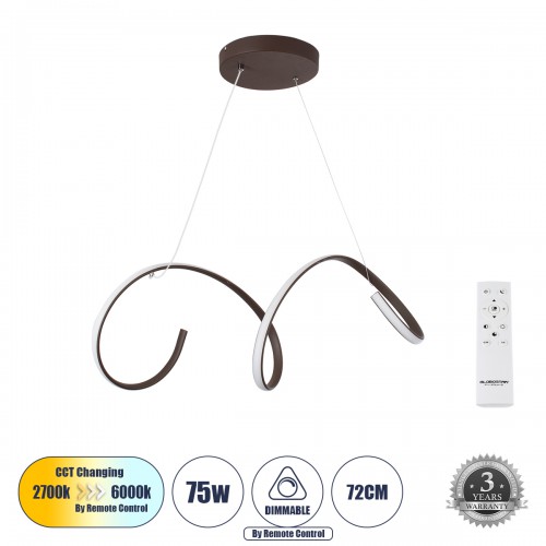 GloboStar® SPIRALE 61287 Κρεμαστό Φωτιστικό Οροφής Design LED CCT 75W 8400lm 300° AC 220-240V - Εναλλαγή Φωτισμού μέσω Τηλεχειριστηρίου All In One Ψυχρό 6000k+Φυσικό 4500k+Θερμό 2700k Dimmable Μ72 x Π25 x Υ30cm - Καφέ - 3 Years Warranty Διακόσμηση - Φως -