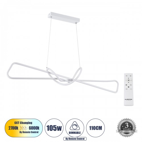 GLOBOSTAR® DOLORES 61280 Μοντέρνο Κρεμαστό Φωτιστικό Οροφής LED 105W 11760lm 300° AC 220-240V IP20 Ρυθμιζόμενο Λευκό CCT με Χειριστήριο από 2700K έως 6000K Dimmable - Lumileds SMD Chip - Λευκό Ματ - Μ110 x Π17 x Υ17.5cm - 3 Χρόνια Εγγύηση GLOBOSTAR® DOLORES 61280 Μοντέρνο Κρεμαστό Φωτιστικό Οροφής LED 105W 11760lm 300° AC 220-240V IP20 Ρυθμιζόμενο Λευκό CCT με Χειριστήριο από 2700K έως 6000K Dimmable - Lumileds SMD Chip - Λευκό Ματ - Μ110 x Π17 x Υ17.5cm - 3 Χρόνια Εγγύηση