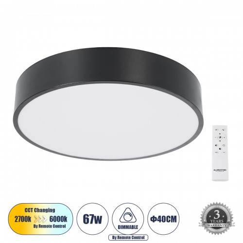 GloboStar® BURTON 61200-S Πλαφονιέρα Οροφής LED CCT 67W 7370lm 120° AC 220-240V - Εναλλαγή Φωτισμού μέσω Τηλεχειριστηρίου All In One Ψυχρό 6000k+Φυσικό 4500k+Θερμό 2700k Dimmable Φ40cm - Μαύρο - 3 Years Warranty Διακόσμηση - Φως - Χαλιά