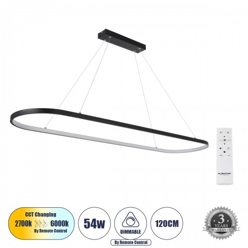 GloboStar® BOLIVAR 61271 Κρεμαστό Φωτιστικό Οροφής Design LED CCT 54W 6210lm 300° AC 220-240V - Εναλλαγή Φωτισμού μέσω Τηλεχειριστηρίου All In One Ψυχρό 6000k+Φυσικό 4500k+Θερμό 2700k Dimmable Μ120 x Π30 x Υ2cm - Μαύρο - 3 Years Warranty Διακόσμηση - Φως 