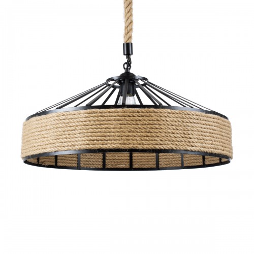 GloboStar® POLI 01147 Vintage Κρεμαστό Φωτιστικό Οροφής Μονόφωτο 1 x E27 Μαύρο Μεταλλικό με Μπεζ Σχοινί Φ50 x Y21cm Διακόσμηση - Φως - Χαλιά