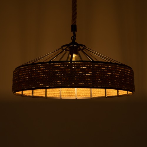 GloboStar® POLI 01147 Vintage Κρεμαστό Φωτιστικό Οροφής Μονόφωτο 1 x E27 Μαύρο Μεταλλικό με Μπεζ Σχοινί Φ50 x Y21cm Διακόσμηση - Φως - Χαλιά