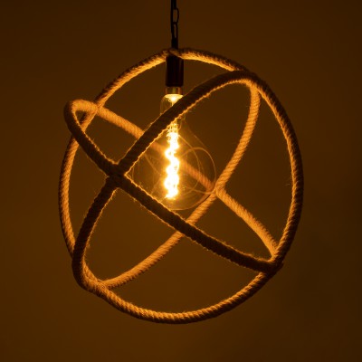 GloboStar® BELLE 01597 Vintage Κρεμαστό Φωτιστικό Οροφής Μονόφωτο 1 x E27 Μπεζ Μεταλλικό με Σχοινί Φ56 x Υ58cm Διακόσμηση - Φωτισμός - Χαλιά