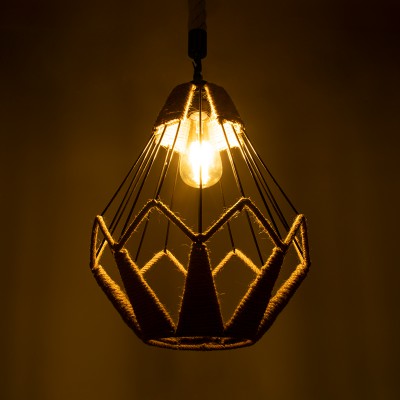 GloboStar® CONICAL 01617 Vintage Κρεμαστό Φωτιστικό Οροφής Μονόφωτο 1 x E27 Πλέγμα με Μπεζ Σχοινί Φ31 x Υ38cm Διακόσμηση - Φωτισμός - Χαλιά