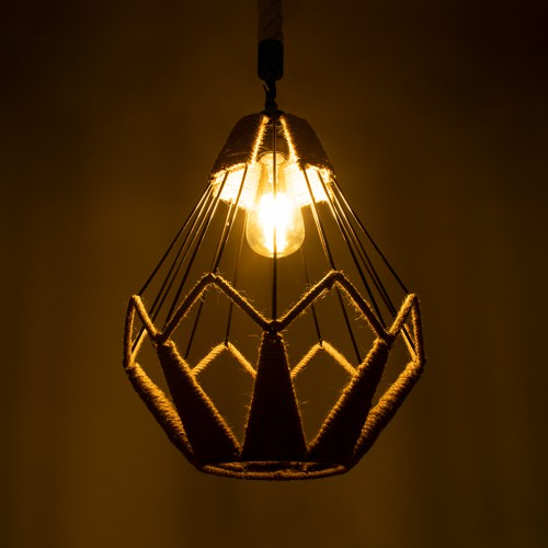 GloboStar® CONICAL 01617 Vintage Κρεμαστό Φωτιστικό Οροφής Μονόφωτο 1 x E27 Πλέγμα με Μπεζ Σχοινί Φ31 x Υ38cm Διακόσμηση - Φωτισμός - Χαλιά