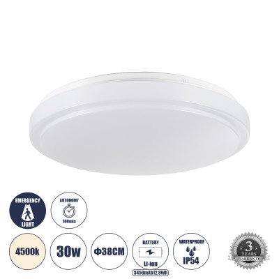 GLOBOSTAR® EMERGANO 60993 Φωτιστικό Πλαφονιέρα Οροφής με Ενσωματωμένο Σύστημα Emergency Li-ion 3450mAh/12.8Wh με Αυτονομία 3hrs LED 30W 2850lm 120° AC 220-240V Αδιάβροχο IP54 Φυσικό Λευκό 4500K - Lumileds SMD Chip - Λευκό Γαλακτερό - Μ38 x Π38 x Υ5.3cm - GLOBOSTAR® EMERGANO 60993 Φωτιστικό Πλαφονιέρα Οροφής με Ενσωματωμένο Σύστημα Emergency Li-ion 3450mAh/12.8Wh με Αυτονομία 3hrs LED 30W 2850lm 120° AC 220-240V Αδιάβροχο IP54 Φυσικό Λευκό 4500K - Lumileds SMD Chip - Λευκό Γαλακτερό - Μ38 x Π38 x Υ5.3cm -