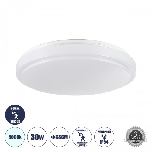 GloboStar® SENSORANO 60994 Πλαφονιέρα Οροφής LED 30W 3000lm 120° AC 220-240V με Ενσωματωμένο Σύστημα Ρυθμιζόμενου Microwave Αισθητήρα Κίνησης - Αδιάβροχη IP54 Φ38 x Υ5.3cm Ψυχρό Λευκό 6000K - Λευκό - Bridgelux Chips - 3 Years Warranty Διακόσμηση - Φως - Χ GloboStar® SENSORANO 60994 Πλαφονιέρα Οροφής LED 30W 3000lm 120° AC 220-240V με Ενσωματωμένο Σύστημα Ρυθμιζόμενου Microwave Αισθητήρα Κίνησης - Αδιάβροχη IP54 Φ38 x Υ5.3cm Ψυχρό Λευκό 6000K - Λευκό - Bridgelux Chips - 3 Years Warranty Διακόσμηση - Φως - Χ