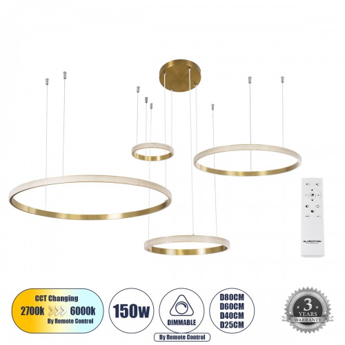 GloboStar® DIAMOND TETRA 61149 Κρεμαστό Φωτιστικό Δαχτυλίδι-Κύκλος LED CCT 150W 18379lm 360° AC 220-240V - Εναλλαγή Φωτισμού μέσω Τηλεχειριστηρίου All In One Ψυχρό 6000k+Φυσικό 4500k+Θερμό 2700k Dimmable Φ25+40+60+80cm - Χρυσό Βούρτσας - 3 Years Warranty GloboStar® DIAMOND TETRA 61149 Κρεμαστό Φωτιστικό Δαχτυλίδι-Κύκλος LED CCT 150W 18379lm 360° AC 220-240V - Εναλλαγή Φωτισμού μέσω Τηλεχειριστηρίου All In One Ψυχρό 6000k+Φυσικό 4500k+Θερμό 2700k Dimmable Φ25+40+60+80cm - Χρυσό Βούρτσας - 3 Years Warranty