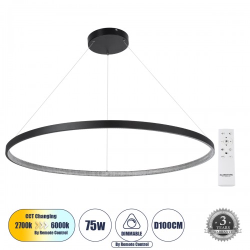 GloboStar® DIAMOND 61519 Κρεμαστό Φωτιστικό Δαχτυλίδι-Κύκλος LED CCT 75W 8400lm 360° AC 220-240V - Εναλλαγή Φωτισμού μέσω Τηλεχειριστηρίου All In One Ψυχρό 6000k+Φυσικό 4500k+Θερμό 2700k Dimmable Φ100cm - Μαύρο - 3 Years Warranty Διακόσμηση - Φως - Χαλιά