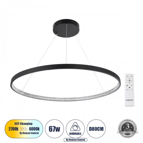 GloboStar® DIAMOND 61520 Κρεμαστό Φωτιστικό Δαχτυλίδι-Κύκλος LED CCT 67W 7504lm 360° AC 220-240V - Εναλλαγή Φωτισμού μέσω Τηλεχειριστηρίου All In One Ψυχρό 6000k+Φυσικό 4500k+Θερμό 2700k Dimmable Φ80cm - Μαύρο - 3 Years Warranty Διακόσμηση - Φως - Χαλιά