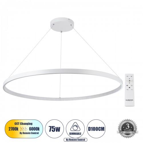 GloboStar® DIAMOND 61518 Κρεμαστό Φωτιστικό Δαχτυλίδι-Κύκλος LED CCT 75W 8400lm 360° AC 220-240V - Εναλλαγή Φωτισμού μέσω Τηλεχειριστηρίου All In One Ψυχρό 6000k+Φυσικό 4500k+Θερμό 2700k Dimmable Φ100cm - Λευκό - 3 Years Warranty Διακόσμηση - Φως - Χαλιά