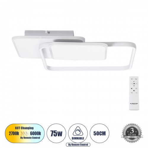 GloboStar® SQUARO 61232 Φωτιστικό Οροφής Δαχτυλίδι-Κύκλος LED CCT 75W 8400lm 360° AC 220-240V - Εναλλαγή Φωτισμού μέσω Τηλεχειριστηρίου All In One Ψυχρό 6000k+Φυσικό 4500k+Θερμό 2700k Dimmable Μ48.5 x Π51 x Υ9cm - Λευκό - 3 Years Warranty Διακόσμηση - Φως