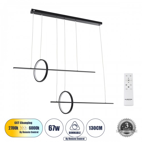 GloboStar® LINEARE 61290 Κρεμαστό Φωτιστικό Οροφής Design LED CCT 67W 7504lm 300° AC 220-240V - Εναλλαγή Φωτισμού μέσω Τηλεχειριστηρίου All In One Ψυχρό 6000k+Φυσικό 4500k+Θερμό 2700k Dimmable Μ130 x Π25 x Υ60cm - Μαύρο - 3 Years Warranty Διακόσμηση - Φως