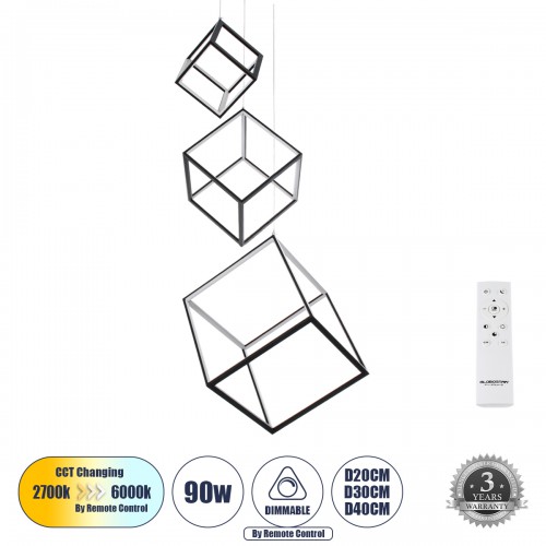 GloboStar® KIBOO-TRIO 60931 Κρεμαστό Φωτιστικό Οροφής Design LED CCT 90W 10350lm 360° AC 220-240V - Εναλλαγή Φωτισμού μέσω Τηλεχειριστηρίου All In One Ψυχρό 6000k+Φυσικό 4500k+Θερμό 2700k Dimmable Μ60 x Π60 x Υ80cm - Μαύρο - 3 Years Warranty Διακόσμηση - 
