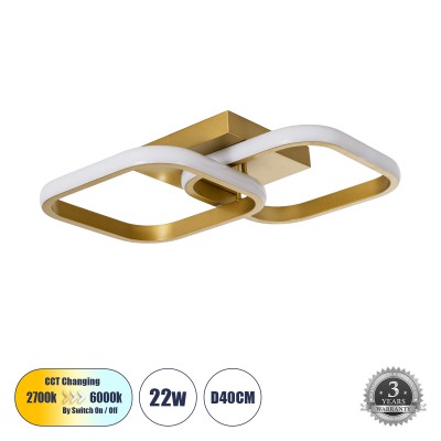 GLOBOSTAR® NORA 61063 Μοντέρνο Φωτιστικό Οροφής LED 22W 2640lm 300° AC 220-240V IP20 Ρυθμιζόμενο Λευκό CCT με On/Off 2700K/4500K/6000K - Lumileds SMD Chip - Σατινέ Χρυσό Βούρτσας - Μ40 x Π24 x Υ7cm - 3 Χρόνια Εγγύηση