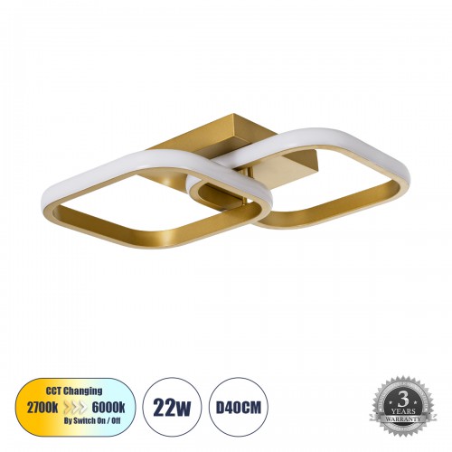 GloboStar® NORA 61063 Φωτιστικό Οροφής Design LED CCT 22W 2640lm 300° AC 220-240V - Εναλλαγή Φωτισμού μέσω Διακόπτη On/Off All In One Ψυχρό 6000k+Φυσικό 4500k+Θερμό 2700k Μ40 x Π24 x Υ7cm - Χρυσό Βούρτσας Διακόσμηση - Φως - Χαλιά