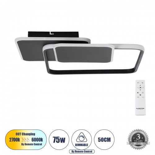GloboStar® SQUARO 61231 Φωτιστικό Οροφής Δαχτυλίδι-Κύκλος LED CCT 75W 8400lm 360° AC 220-240V - Εναλλαγή Φωτισμού μέσω Τηλεχειριστηρίου All In One Ψυχρό 6000k+Φυσικό 4500k+Θερμό 2700k Dimmable Μ48.5 x Π51 x Υ9cm - Μαύρο - 3 Years Warranty Διακόσμηση - Φως