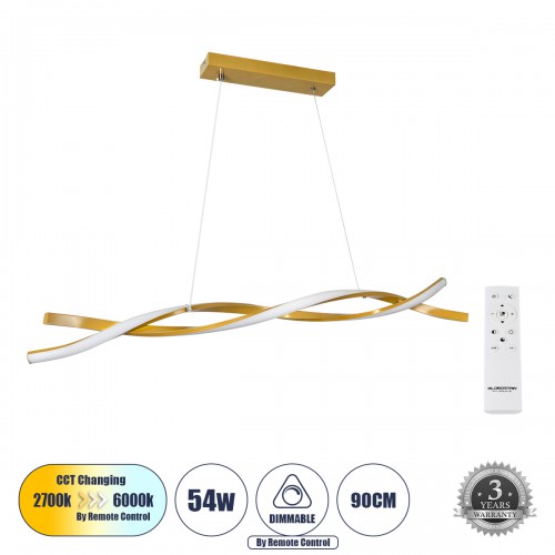 GloboStar® MORALES 61278 Κρεμαστό Φωτιστικό Οροφής Design LED CCT 54W 6048lm 200° AC 220-240V - Εναλλαγή Φωτισμού μέσω Τηλεχειριστηρίου All In One Ψυχρό 6000k+Φυσικό 4500k+Θερμό 2700k Dimmable Μ90 x Π14 x Υ14cm - Χρυσό Πλατίνα - 3 Years Warranty Διακόσμησ