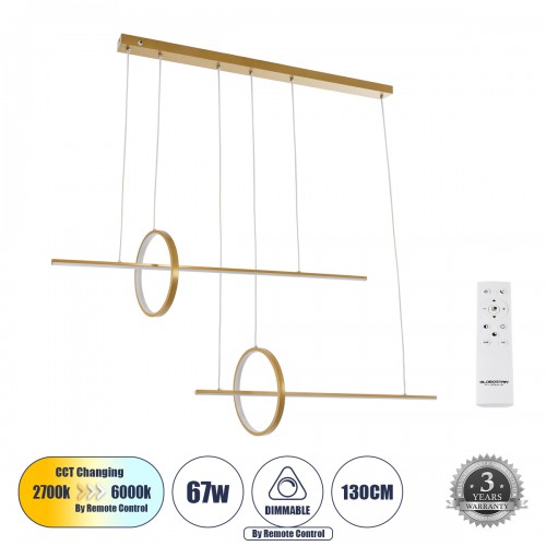 GloboStar® LINEARE 61291 Κρεμαστό Φωτιστικό Οροφής Design LED CCT 67W 7504lm 300° AC 220-240V - Εναλλαγή Φωτισμού μέσω Τηλεχειριστηρίου All In One Ψυχρό 6000k+Φυσικό 4500k+Θερμό 2700k Dimmable Μ130 x Π25 x Υ60cm - Χρυσό Πλατίνα - 3 Years Warranty Διακόσμη