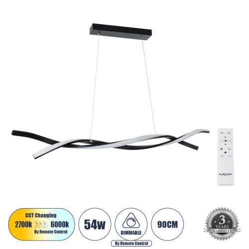 GloboStar® MORALES 61275 Κρεμαστό Φωτιστικό Οροφής Design LED CCT 54W 6048lm 200° AC 220-240V - Εναλλαγή Φωτισμού μέσω Τηλεχειριστηρίου All In One Ψυχρό 6000k+Φυσικό 4500k+Θερμό 2700k Dimmable Μ90 x Π14 x Υ14cm - Μαύρο - 3 Years Warranty Διακόσμηση - Φως 